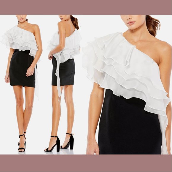 NWT $298 IEENA Mac Duggal [‎ 2 ] Dramatic Ruffle Cocktail Mini Dress Black White - Picture 1 of 13